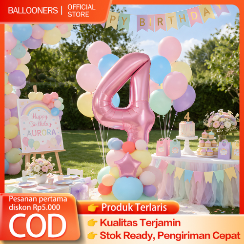 Set Dekorasi Ulang Tahun Balon Macaron Angka Foil Pink isi 39pcs Pastel Untuk Dekorasi Perlengkapan 