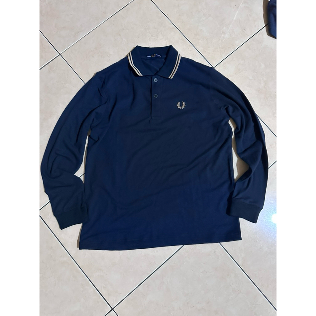 Long Sleeve Fred Perry Twin Tipped Polo Shirt NAVY CREAM BEKAS