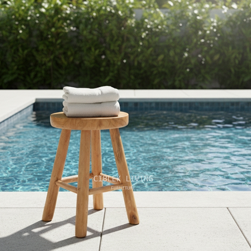 Kursi Bundar Stool Kayu Jati / Kursi Jati Outdoor / Kursi Teras Bulat Jati / Kursi Dekorasi Rustic