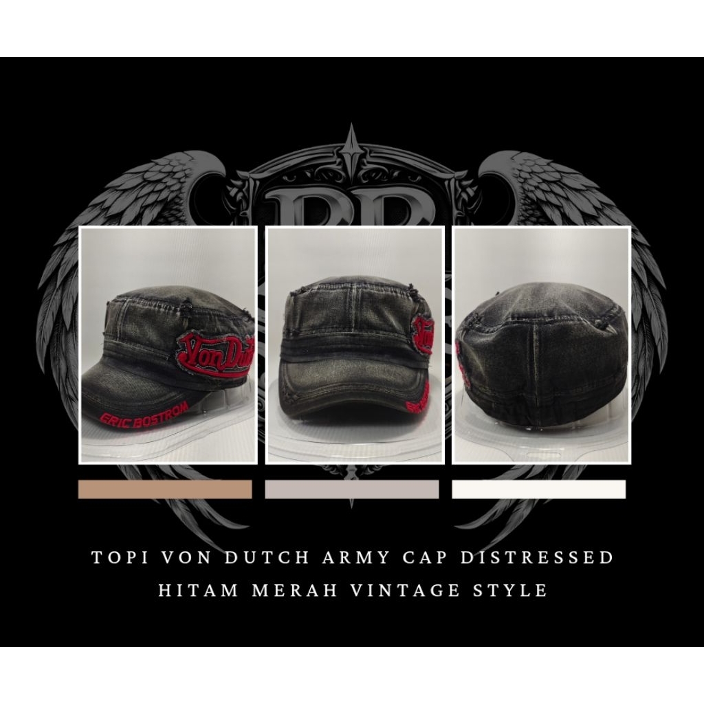Topi Von Dutch Cap Distressed Hitam Merah Vintage Style