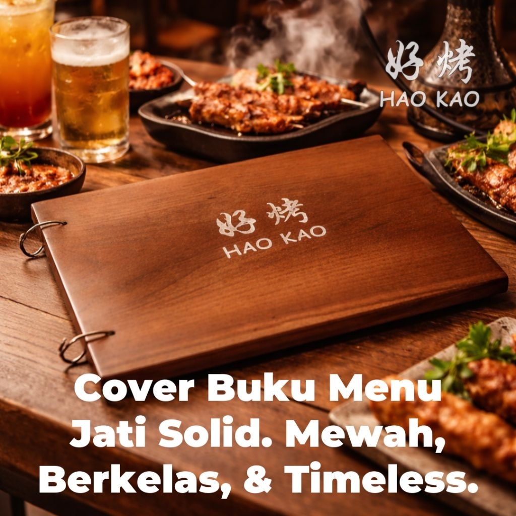 Cover Buku Menu Kayu Jati Solid Custom Logo - Menu Board Cafe Resto A4
