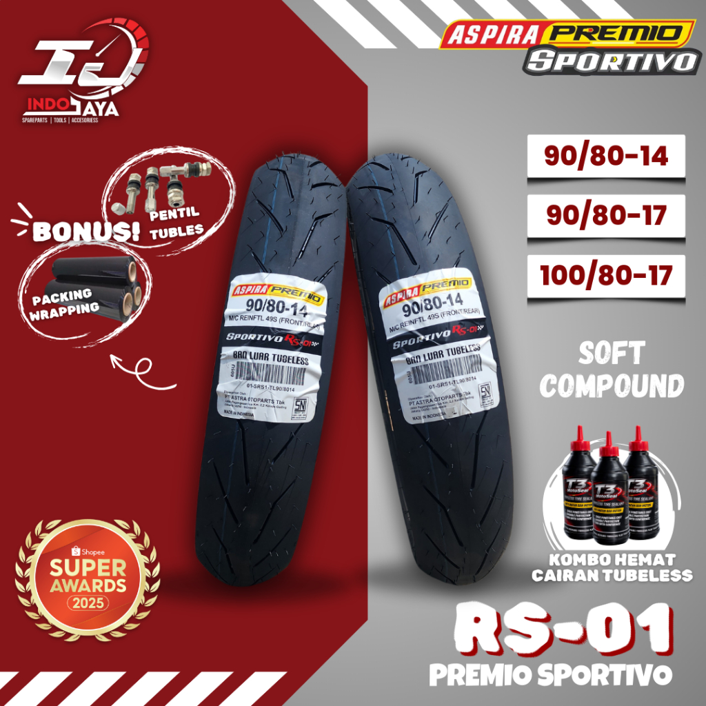 [READY COD] BAN ASPIRA PREMIO SPORTIVO RS01 ( 70/80-17 - 90/80-14 - 90/80-17 - 100/80-17 )TUBELESS S