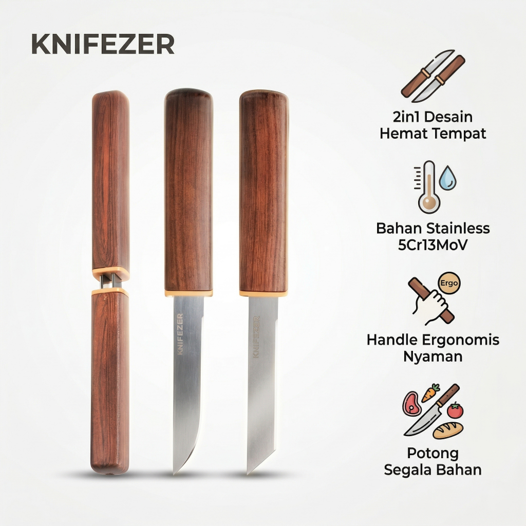 Pisau Dapur Daging Set 2in1 Lipat Potong Tulang Sayur Tajam Stainless Anti Karat Gagang Motif Kayu