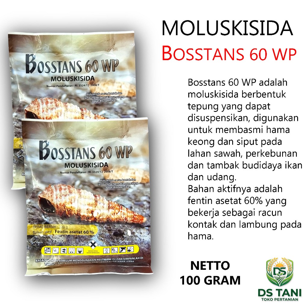MOLUSKISIDA BOSSTANS 60WP 100 GRAM Pestisida Obat Hama Siput dan Keong Sawah Pertanian Tambak
