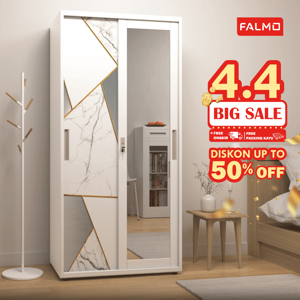FALMO Lemari Pakaian 2 Pintu/ 90cm 2 gantungan Lemari Kaca Baju Minimalis Pintu Sliding Full Motif