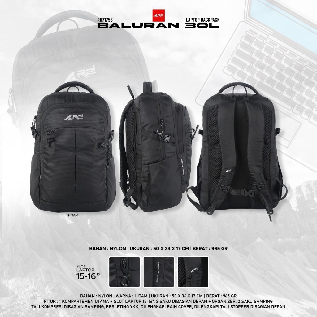 Tas Ransel Pria Wanita BALURAN BLK 30L AREI OUTDOORGEAR - TAS RANSEL LAPTOP REI BALURAN BLK 30L - TA