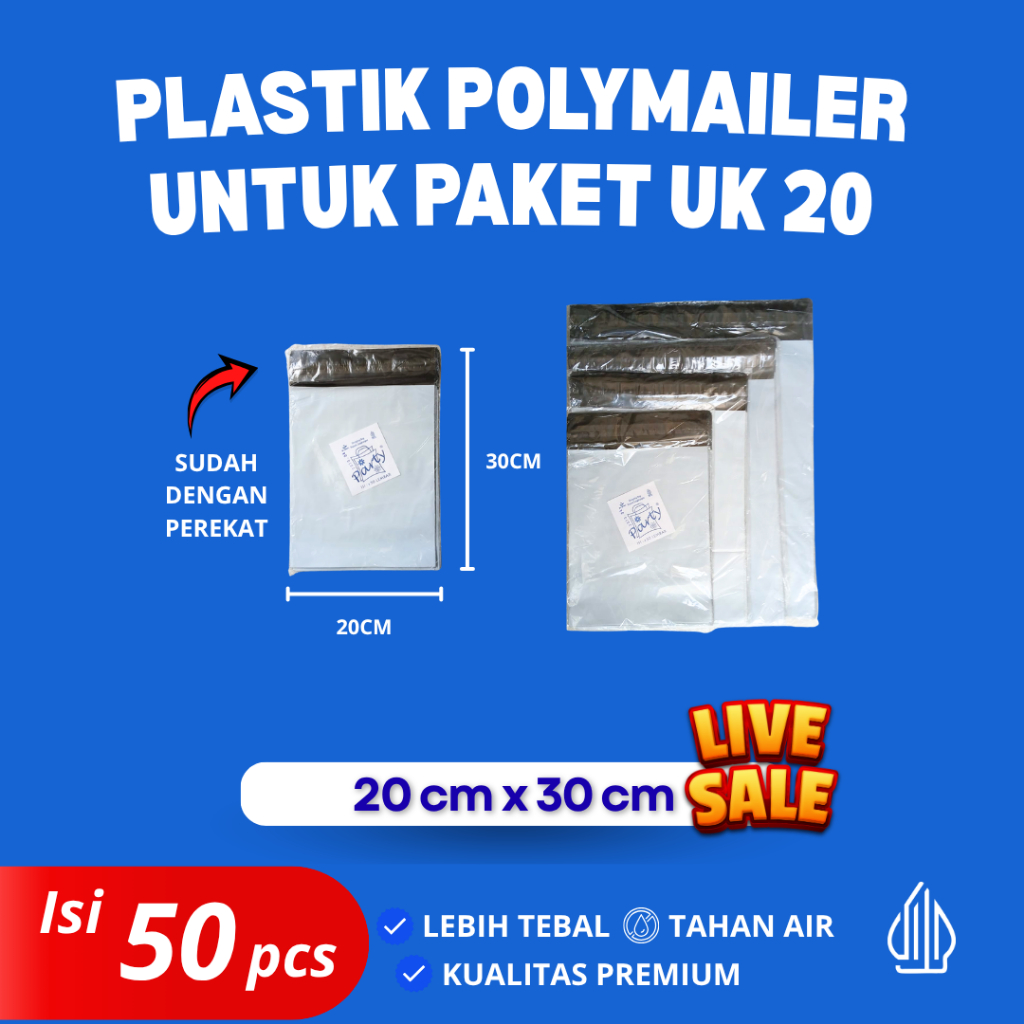 COD Plastik Packing Kecil 20x30cm Glossy Dengan Lem Polymailer Plastik Paket isi 50 Lembar Putih