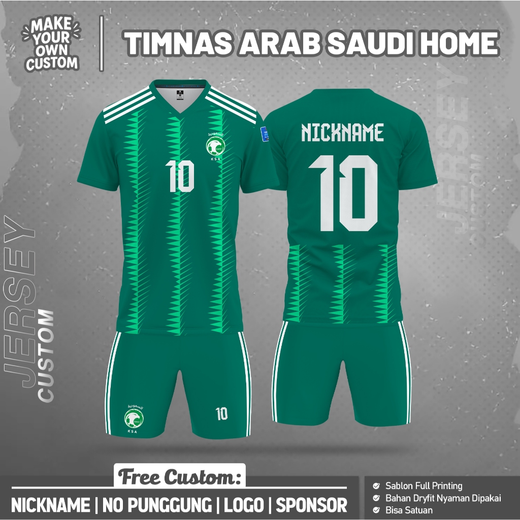 Jersey Bola TIMNAS ARAB SAUDI HOME PENDEK Free custom nama dan no punggung Full printing