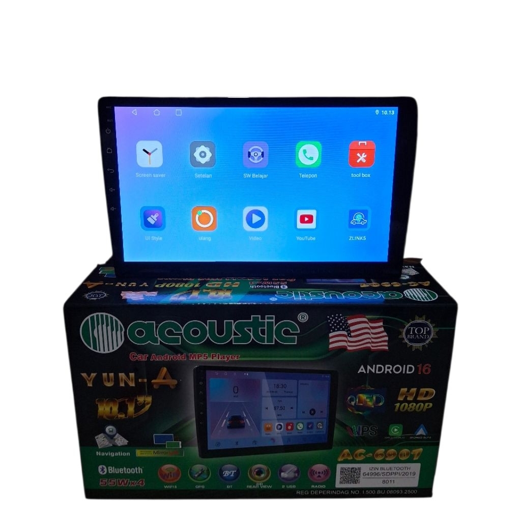 Head unit android 10 inch acoustic ac-6907 ram 4+128 support android auto+carplay