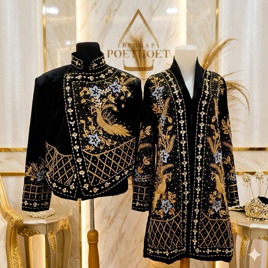 set kebaya beskap pengantin sepasang pria wanita bludru hitam kutubaru sikep payet gold mixed denim 