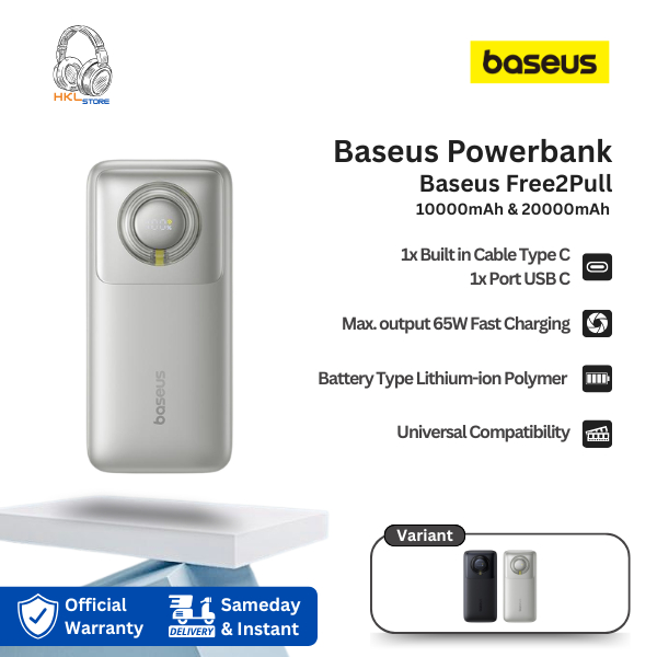 Baseus Powerbank Free2Pull 10000mAh 20000mAh with Built-in Retractable Type C Cable 30W 65W Fast Cha