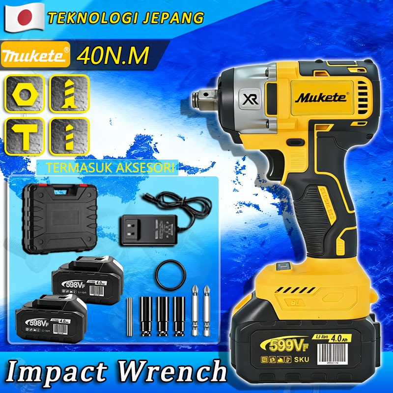 Impek Pembuka Baut 598V Mukete Brushless Impact Wrench 700N/M Bor Cordless Impact Baterai Impek Bate