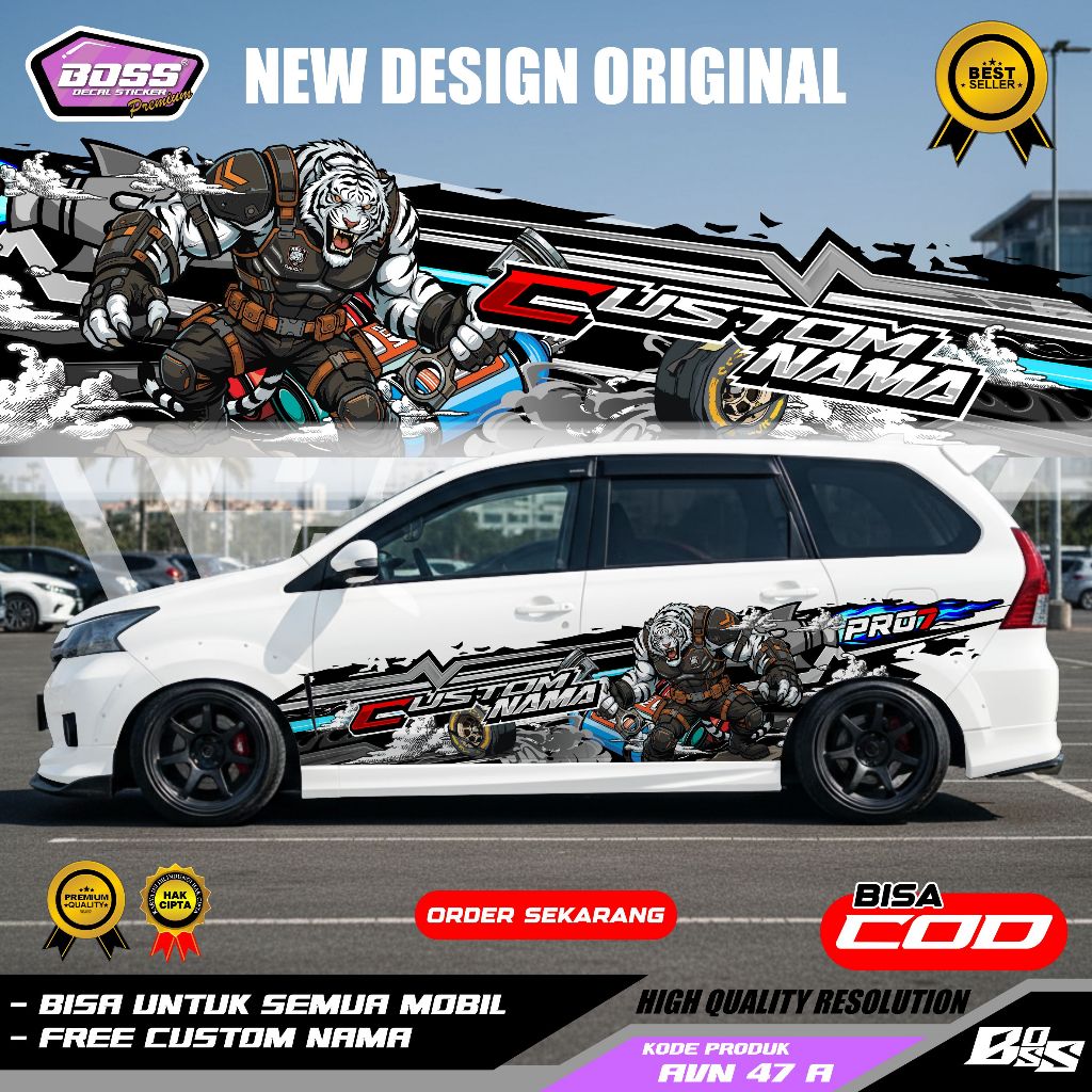 AVN 47 - STIKER DECAL SAMPING MOBIL MOTIF HARIMAU PUTIH AVANZA XENIA TERIOS PAJERO INNOVA LIVINA XPA