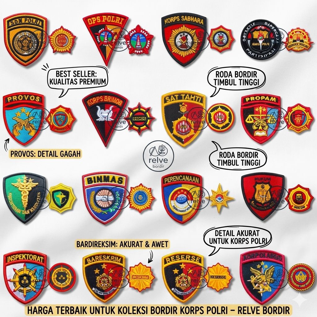 Bet Atribut Logo & Roda POLRI Bordir Timbul 3D Premium - Korps Brimob, Sabhara, Propam, Lantas, Rese
