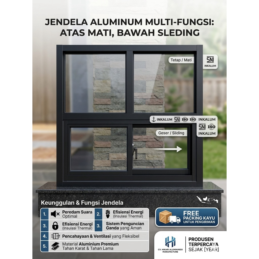 JENDELA ALUMINIUM 2 SEKATAN,ATAS MATI BAWAH SLIDING UKURAN P 80cmx T 80cm FREE PACKING KAYU