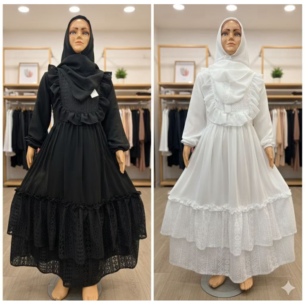 GAMIS MUSLIM ANAK PEREMPUAN BAHAN CERUTY MIX BROKAT KHUSUS WARNA HITAM DAN PUTIH DILENGKAPI HIJAB (U