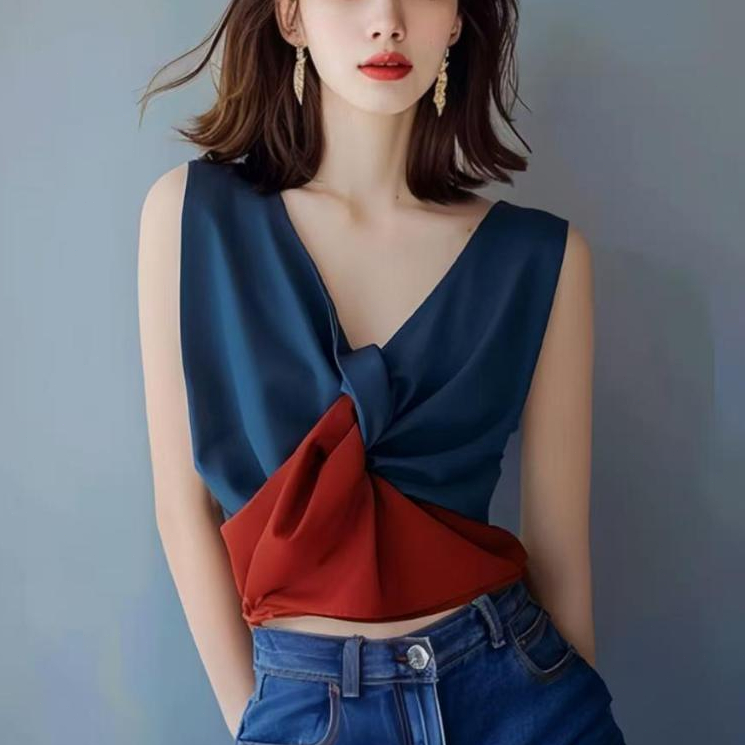 Merah dan Biru V-Neck Satin Tanpa Lengan Kemeja Suspender Wanita - Atasan Mewah