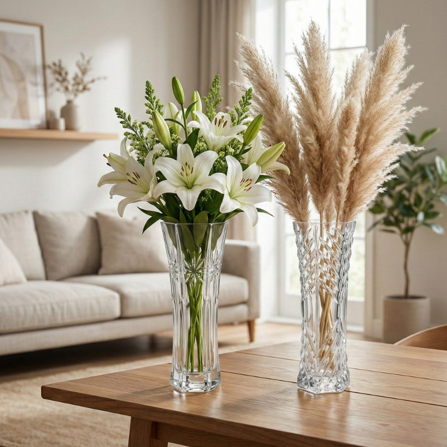 Vas Bunga Kaca Kristal Estetik 30cm - Vas Bunga Meja Ruang Tamu Mewah Living Home