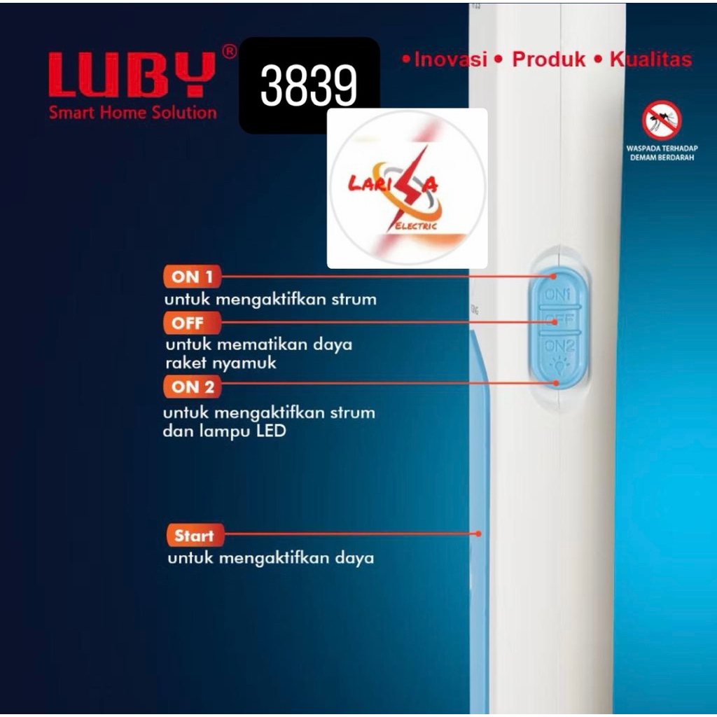 TERBARU RAKET NYAMUK LUBY L-3839 DENGAN LAMPU LED DAN BATERAI 1800MAH