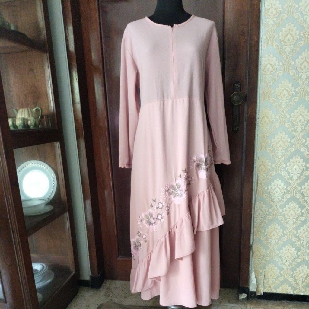 Pakaian Wanita Gamis Longdress Pink Bordir Pesta