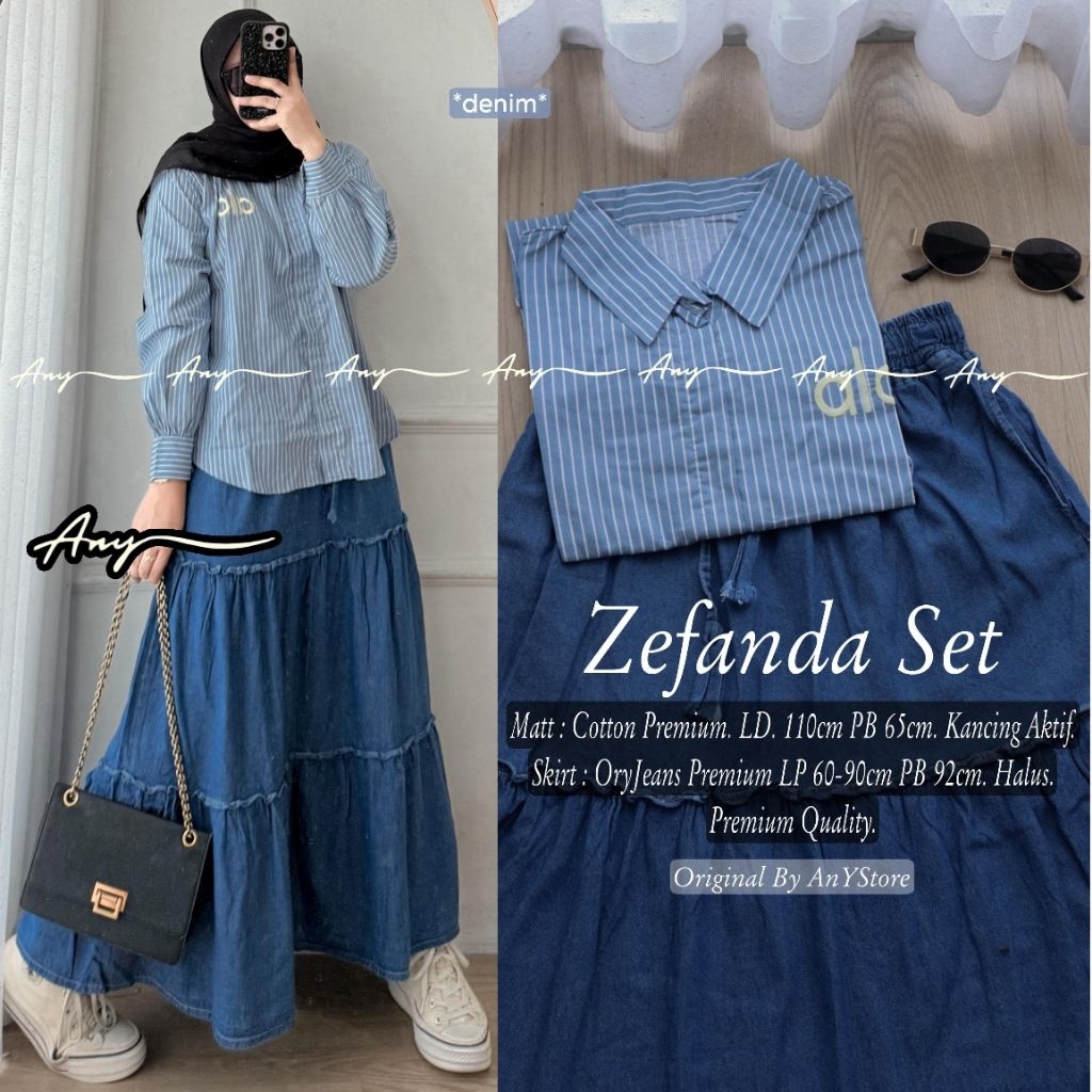 makka one set rok jeans by A.N.Y kemeja stripe baju kemeja wanita one set wanita kekinian rok panjan