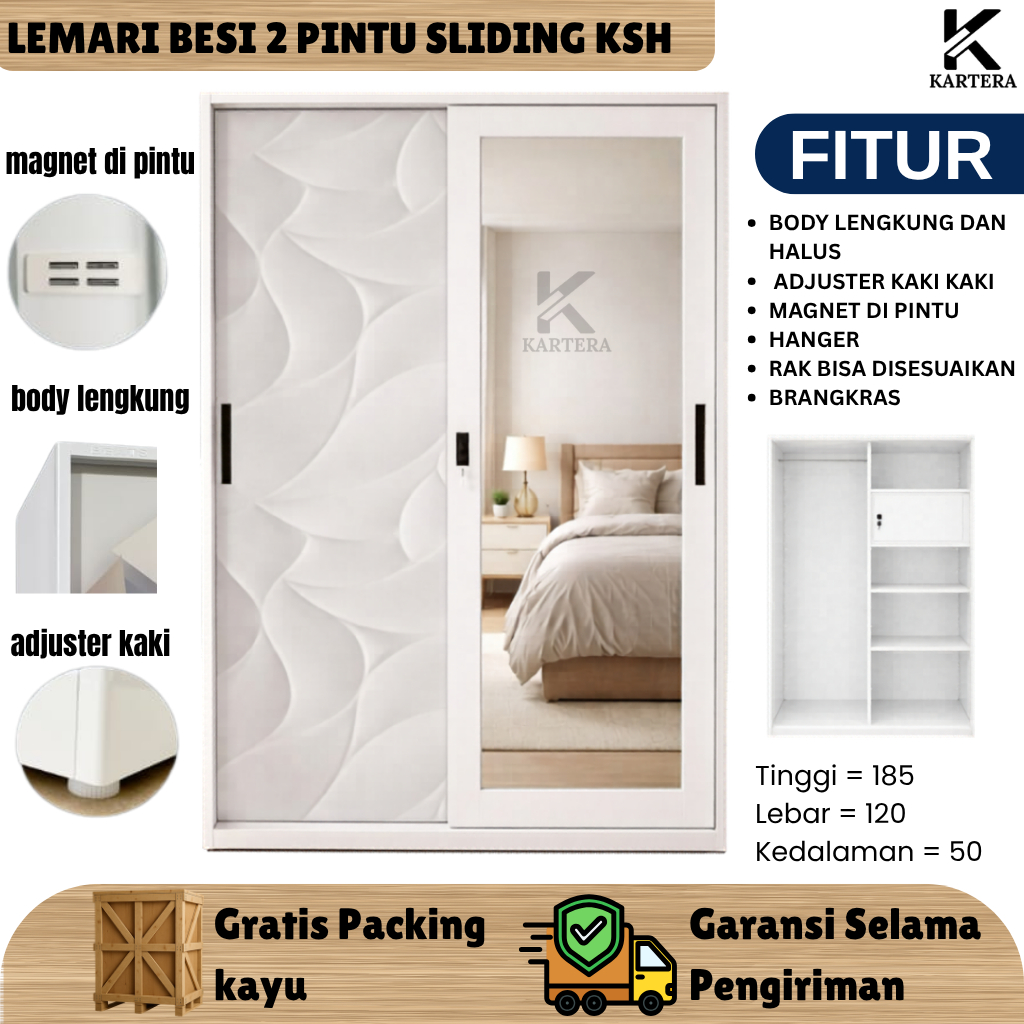 KSH Lemari Pakaian 2 Pintu Besi Sliding Cermin | Lemari Baju Sleding Besi.KARSINDO