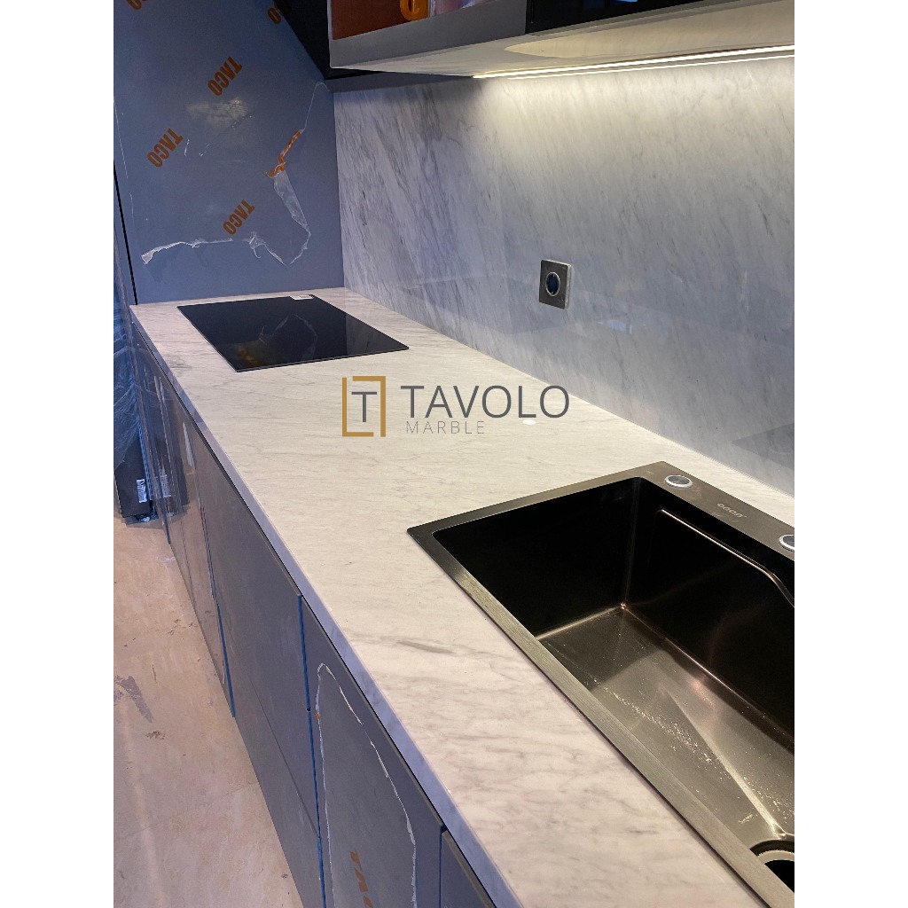 White Carara | Meja Dapur | Meja Island | Kitchen Set | Marmer Putih | Marmer Abu Abu