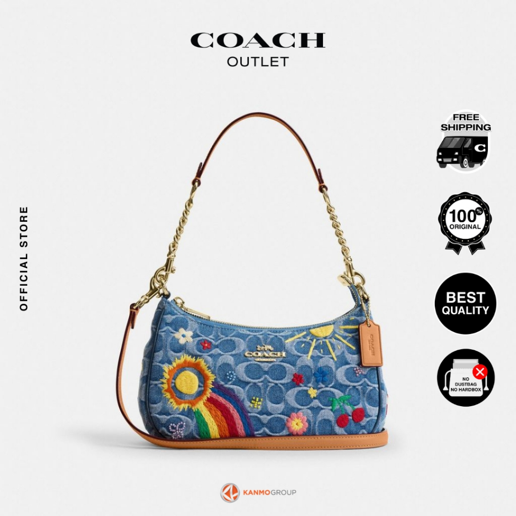Coach Teri Shoulder Bag In Signature Denim With Embroidery - Tas Bahu Wanita