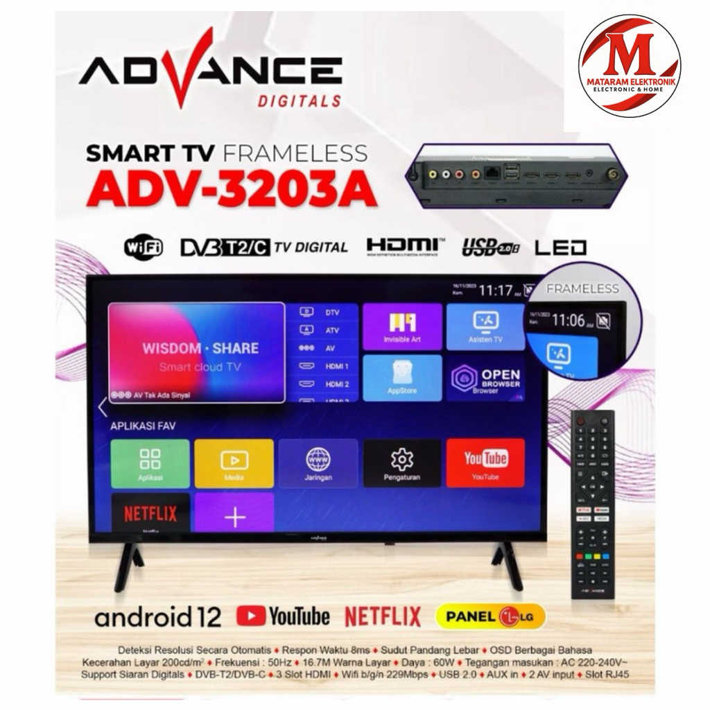 ADVANCE ADV-3203A  QLED Televisi 32 inch SMART TV FRAME LESS Android TV Panel LG Garansi Resmi 1 Tah