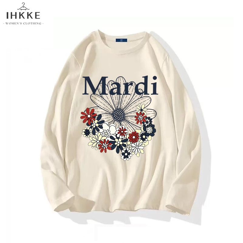 IHKKE Kaos Wanita Lengan Panjang | Desain Bunga Kekinian Mardi | Korean Style Daisy Kecil Cetak Pola