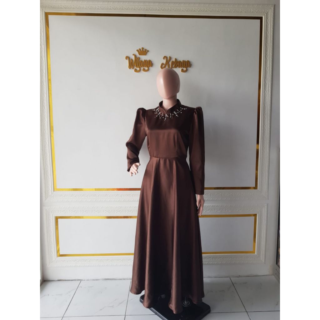 Wijaya Gamis Umbrella Satin Payet Wanita Premium - Desain Slimfit, Bahan Satin Maxmara premium, Dres