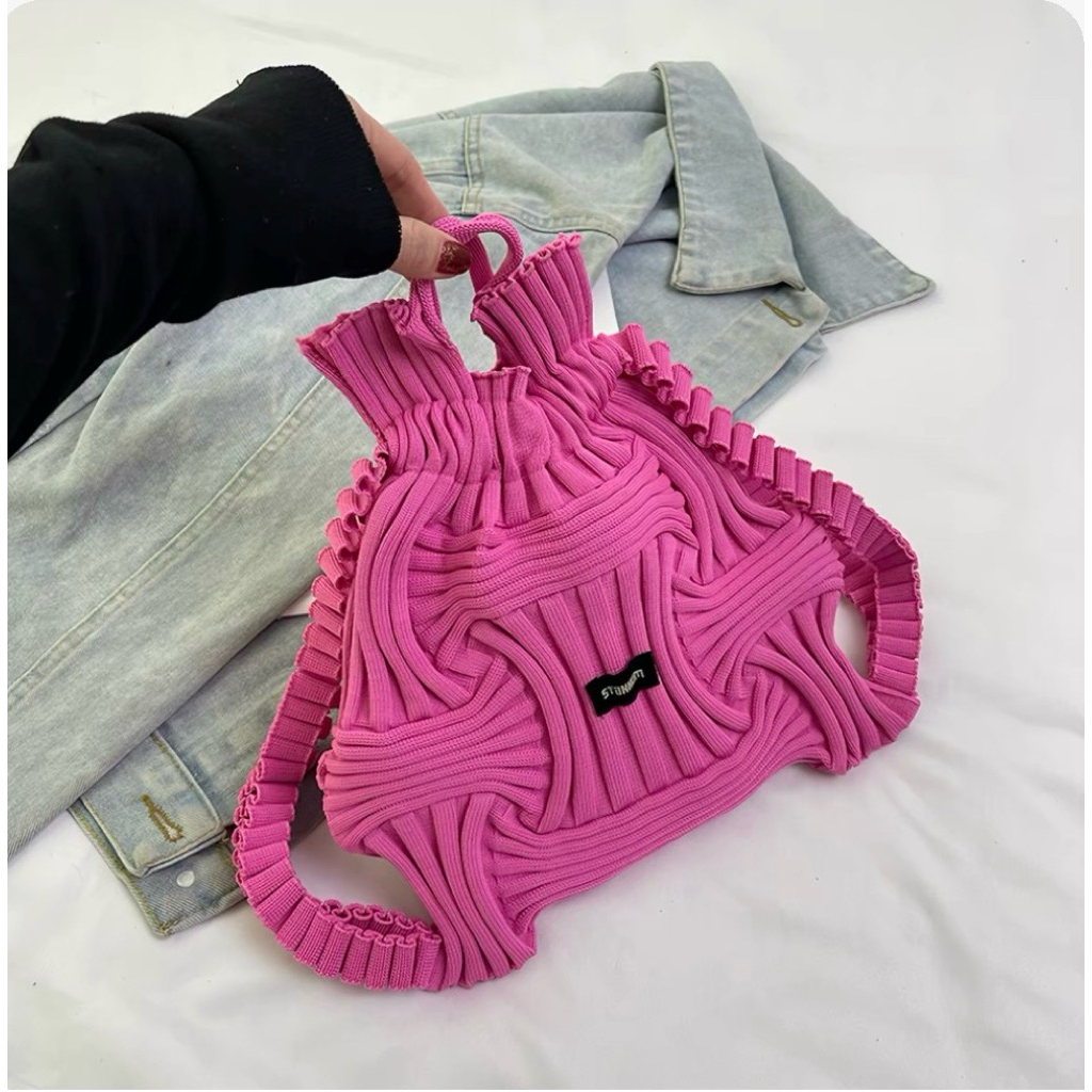 Tas Ransel Wanita Rajut Pleated Knit Backpack Import Mini Tas Serut Lucu - Korean Style