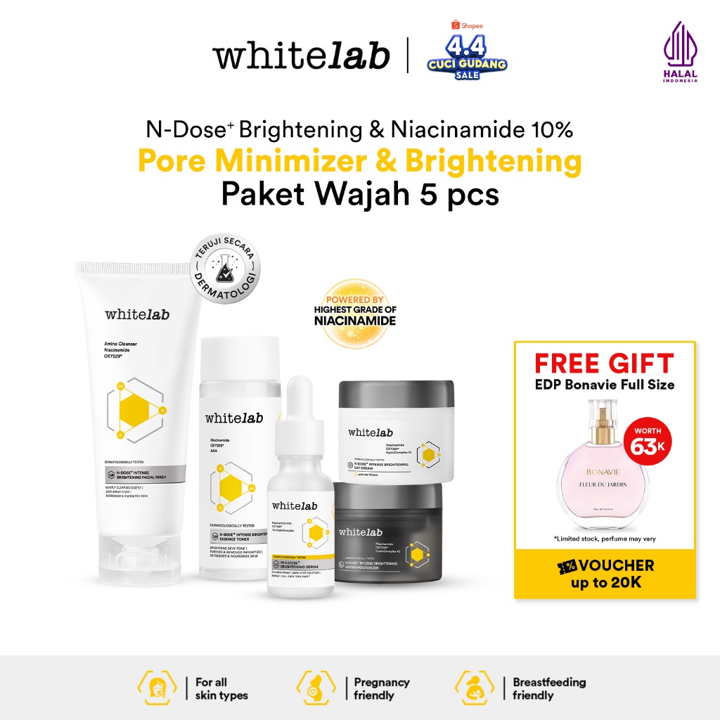 Whitelab Paket Wajah Brightening Niacinamide Facial Wash, Toner, Serum, Day & Night Moisturizer - 5 