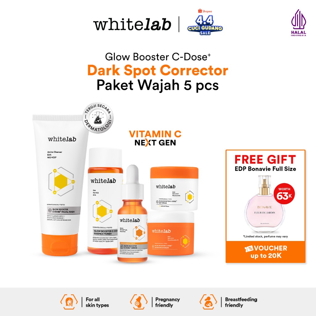 Whitelab 5 pcs Glow Booster C-Dose+ Brightening Paket Wajah - Facial Wash, Toner, Serum, with Day Cr