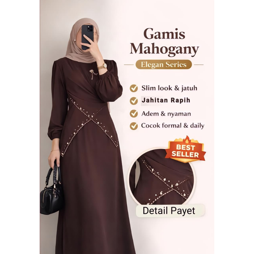 Gamis Dress Slim Remaja Mahogany Kondangan Terbaru 2026 Bahan Ceruti Babydoll Mix Payet Elegant