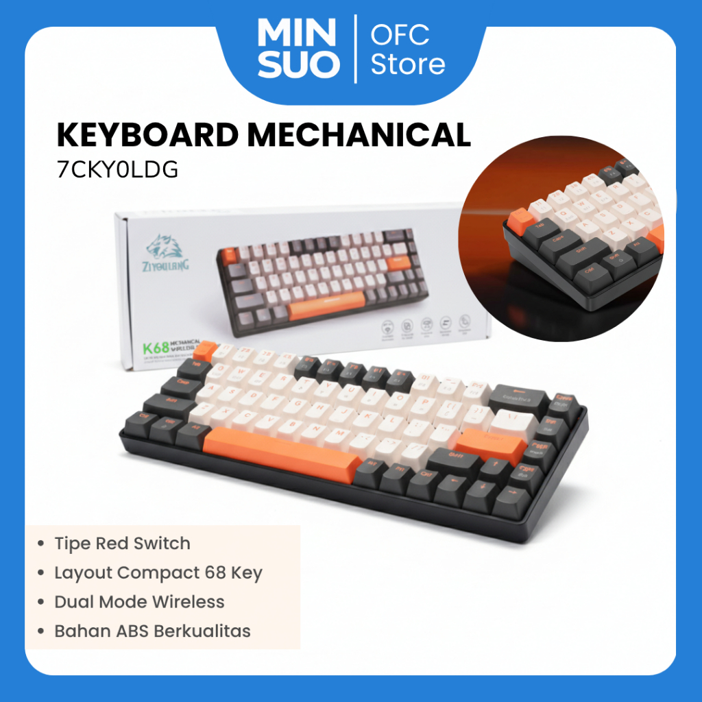 ZIYOULANG Keyboard Gaming Wireless Mechanical Red Switch 68 Tombol Layout - K68