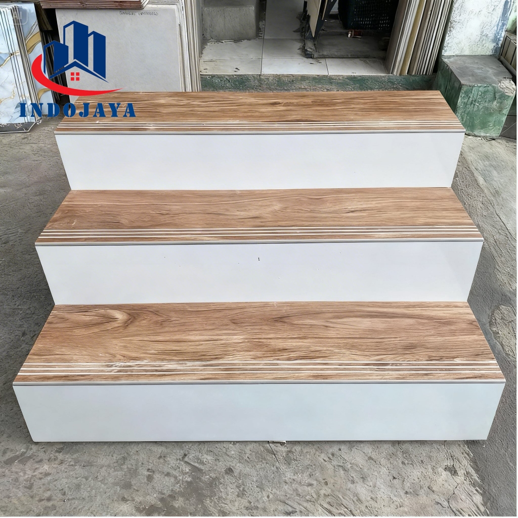 granit tangga motif kayu kombinasi putih polos 30x80 30x90 custom ukuran list keramik granite