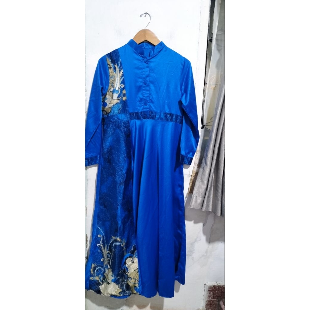 Gamis Long Dress Satin Wanita Kombinasi Batik Mayung Cantik