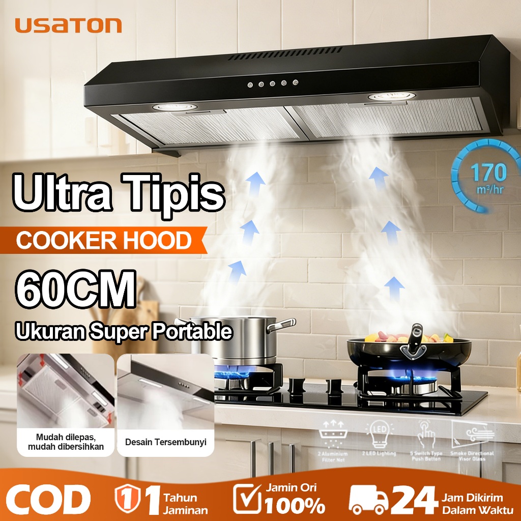 USATON 60cm Cooker Hood dapur Slim Cookerhood LED Lamp Penyerap Asap Dual Function Hood Tanpa Cerobo