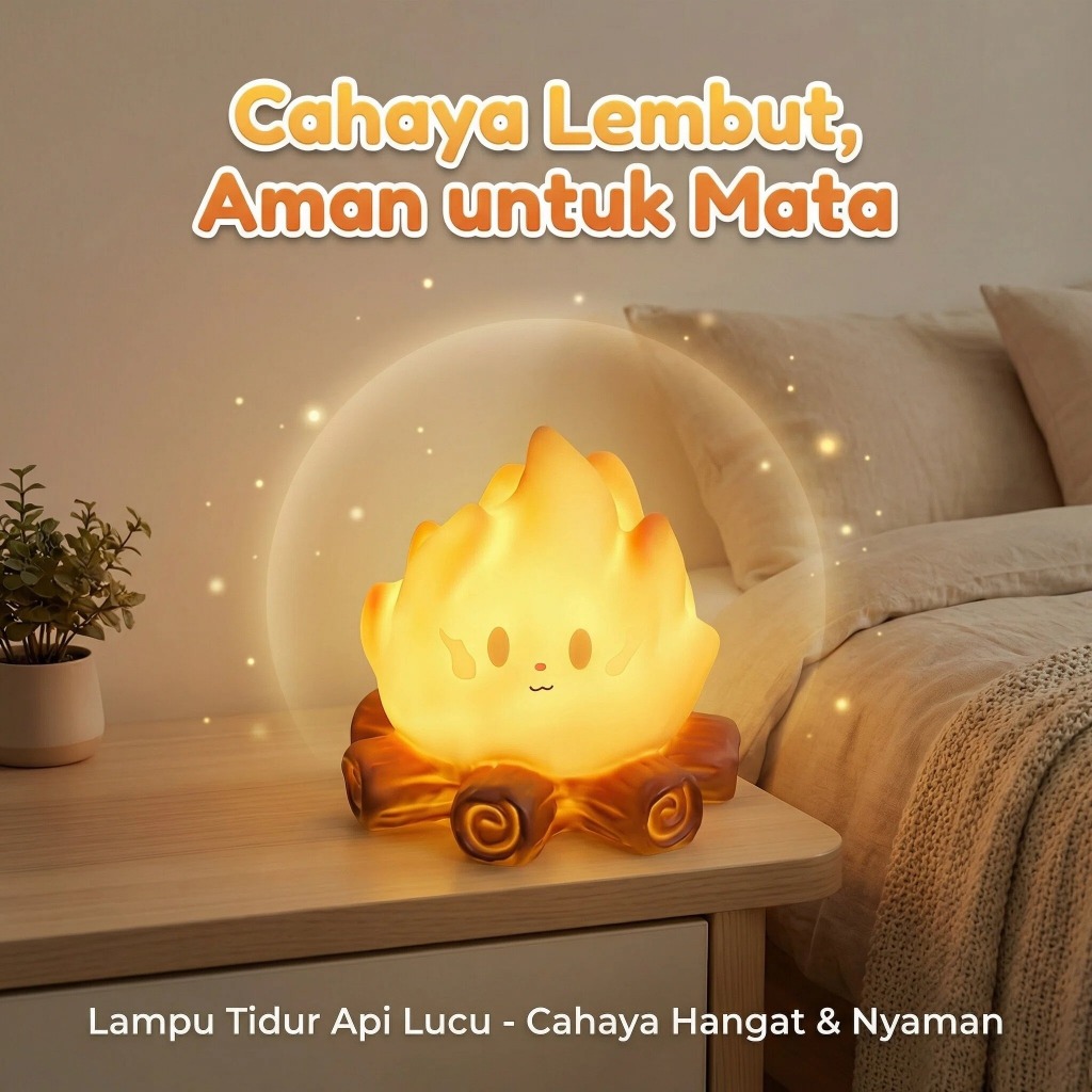 Lampu Tidur LED Bentuk Api Unggun Lucu Karakter Cahaya Lembut Baterai Lampu Malam Aesthetic Dekorasi