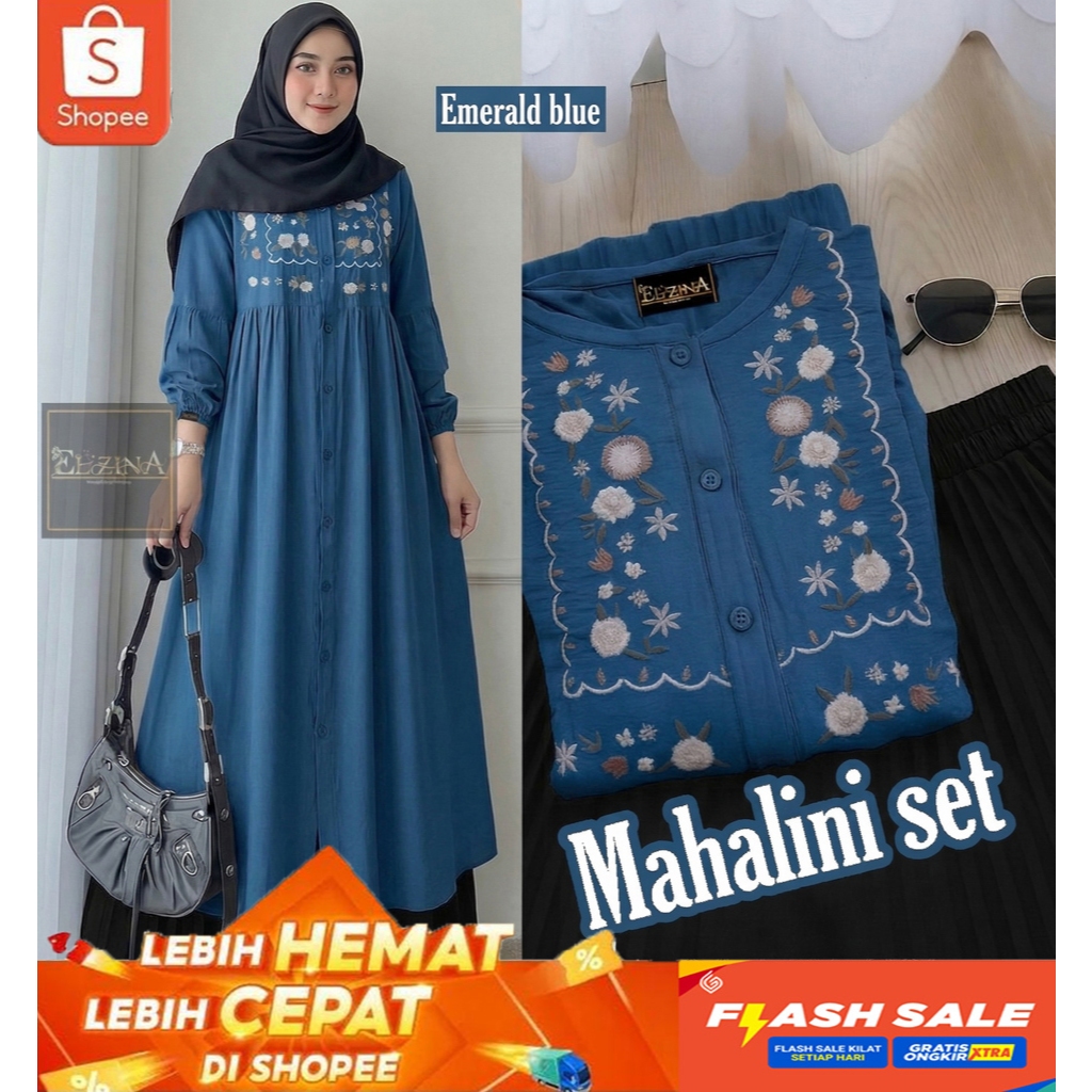 Gamis Setelan Rok Tunik Wanita Mahalini Set Rok Plisket dan Atasan Bordir