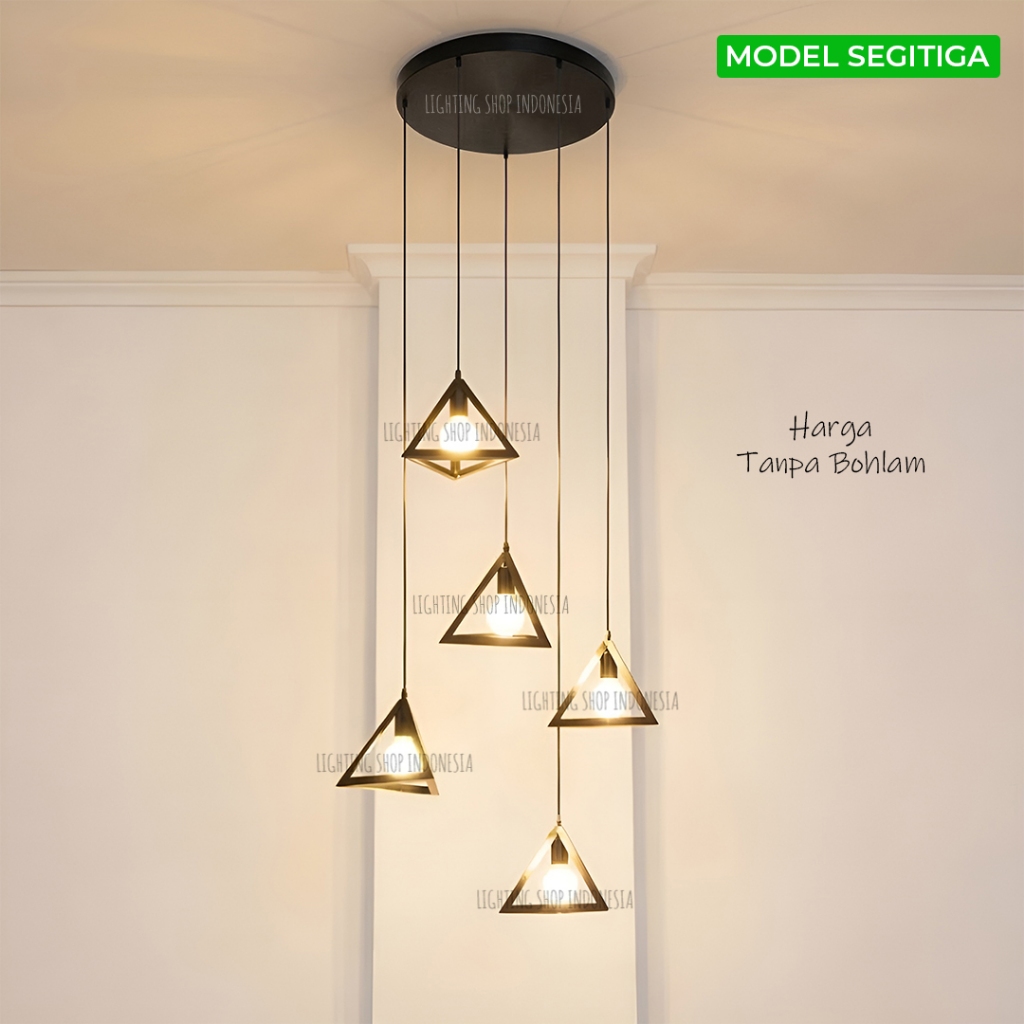 Lampu Gantung Void Tangga 5 Lampu Model Segitiga Kotak Minimalis Hitam Fitting E27