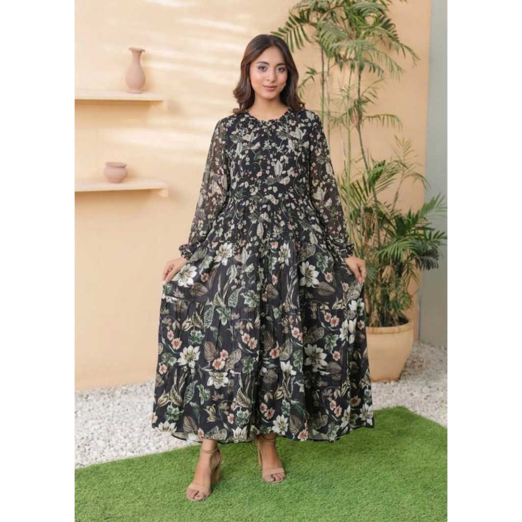 Floral Chiffon Long Dresses with Long Sleeves O-Neck Elegant Party Dress for Women - Dress Korea Sty
