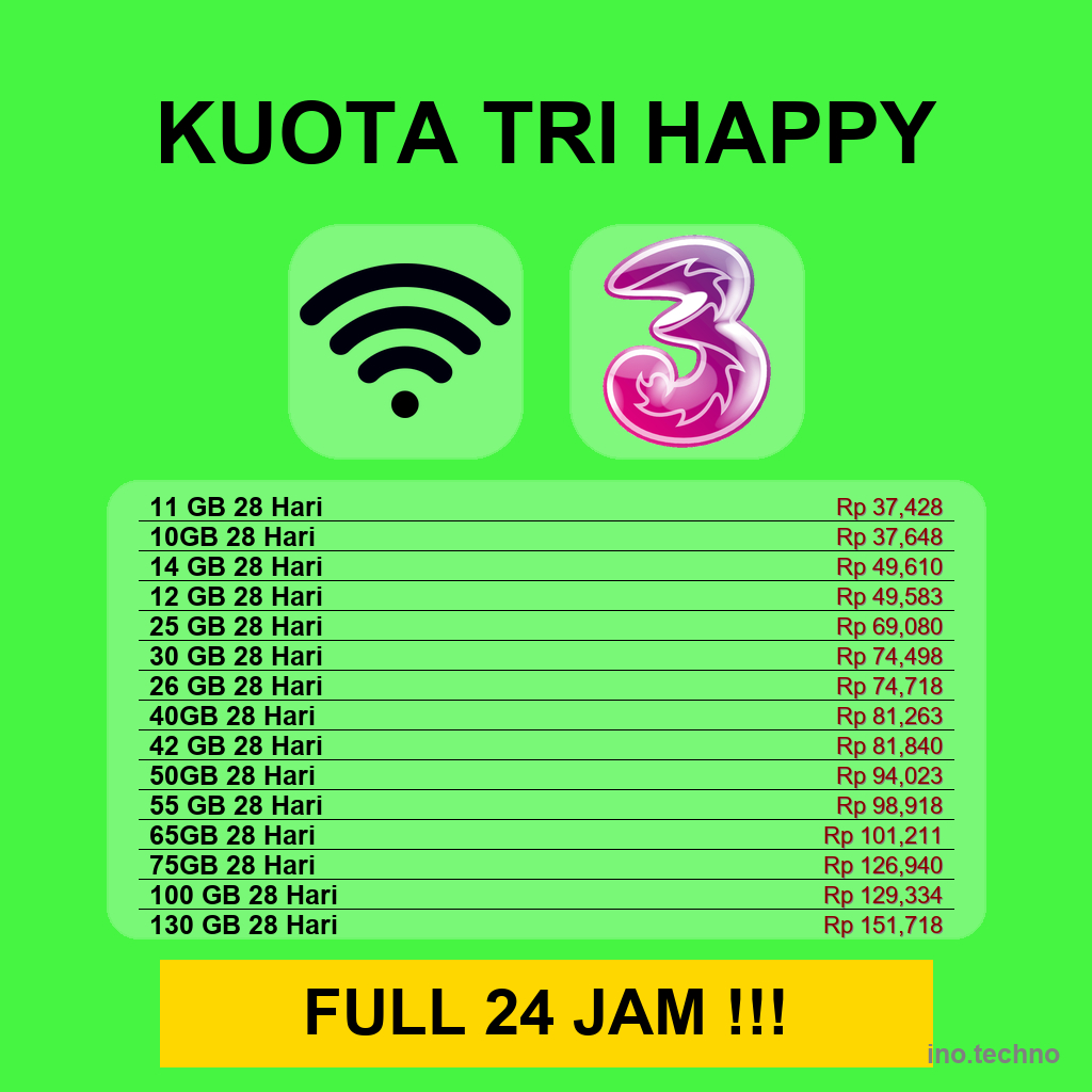 Kuota Tri Happy Besar Murah 10GB 11GB 12GB 14GB 25GB 30GB 40GB 50GB 100GB | Paket Internet Tri 28 Ha