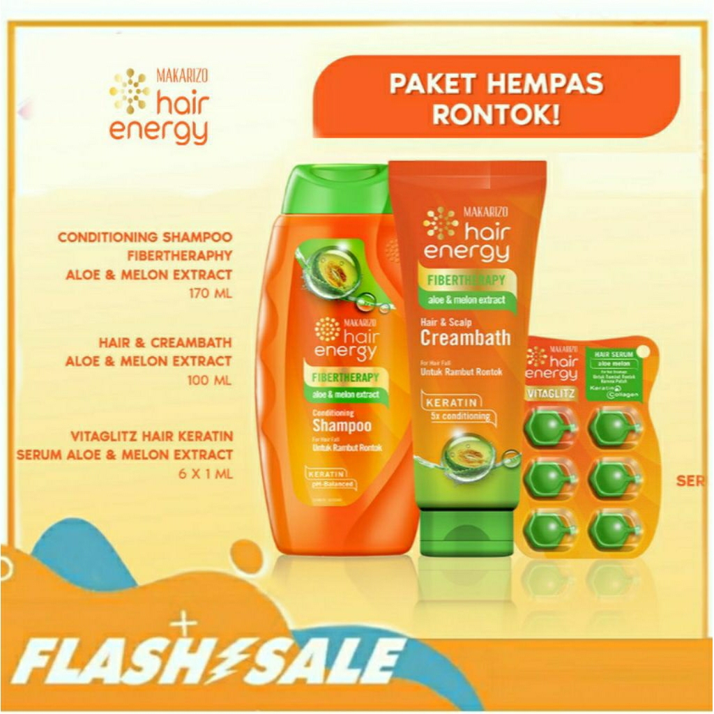 Makarizo Paket 3 In 1 Keratin Hair Energy Perawatan Rambut Rontok Conditioning Shampo Crembath Fiber