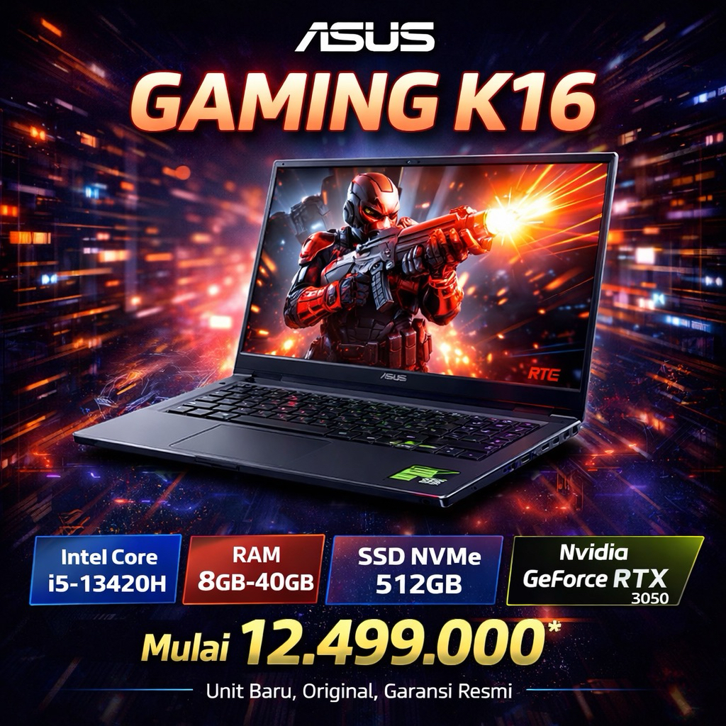 LAPTOP BARU ASUS VIVOBOOK GAMING K16 INTEL CORE i5-13420H NVIDIA RTX3050 ORIGINAL GARANSI RESMI