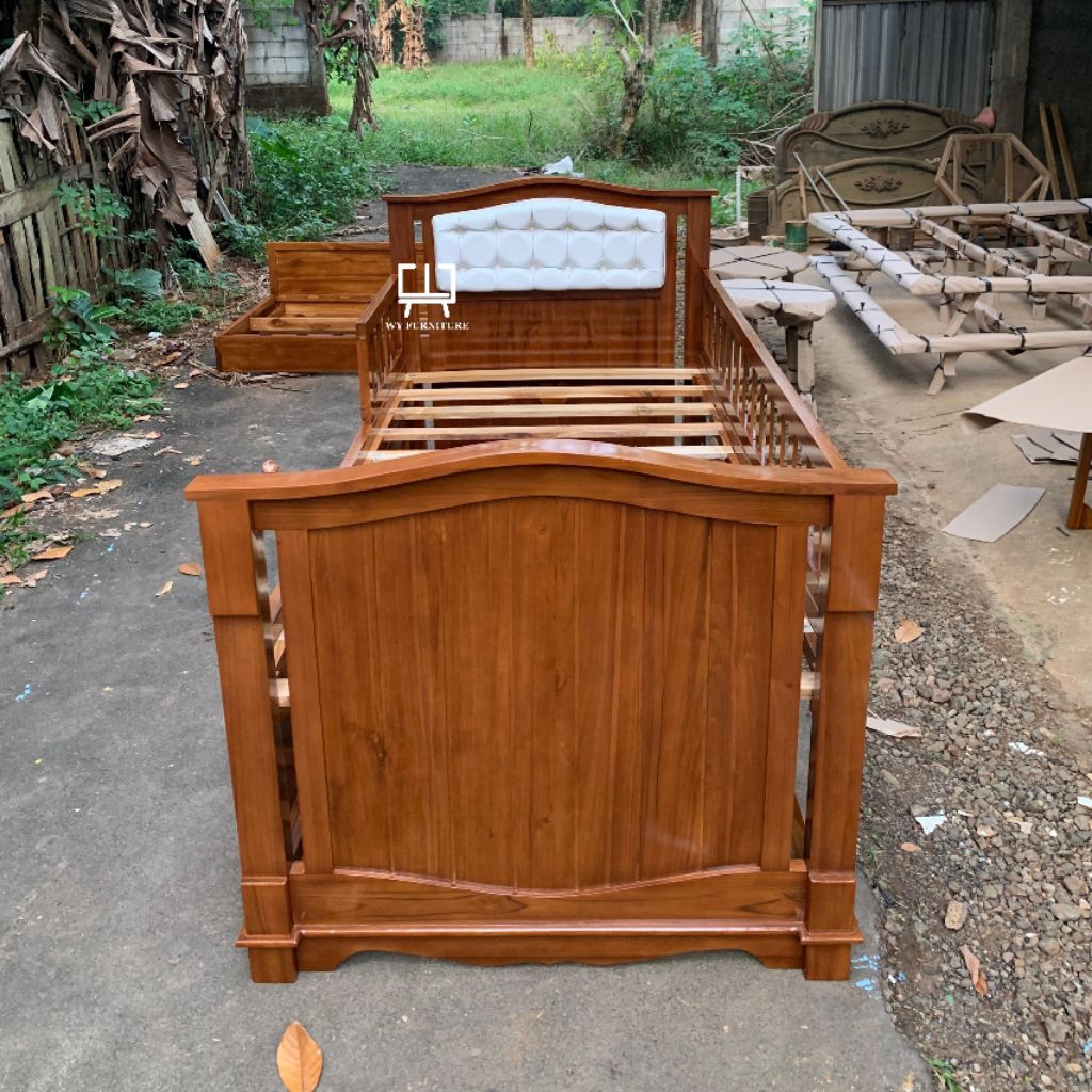 dipan anak sorong minimalis kayu jati kombinasi sandaran busa, dipan sorong murah kayu jati, dipan a