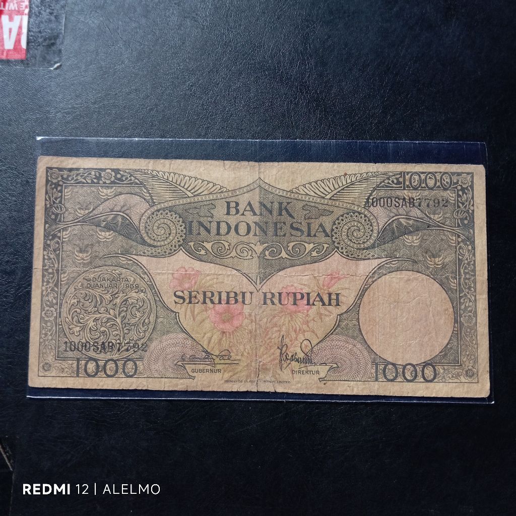 uang kertas 1000 rupiah seri bunga tahun 1959 bekas asli jelek