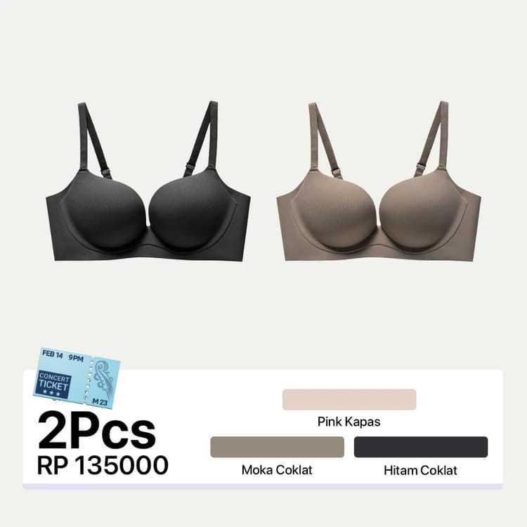 Set 2 Pcs Bra Push Up Minimalis Tanpa Tali Belakang, Pilihan Warna Pink Kapas, Moka Coklat, Hitam Co