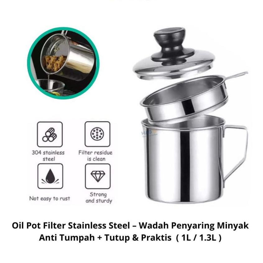 Oil Pot Filter Stainless Steel Mug Wadah Penyaring Minyak Goreng Anti Karat + Tutup - 1 Liter